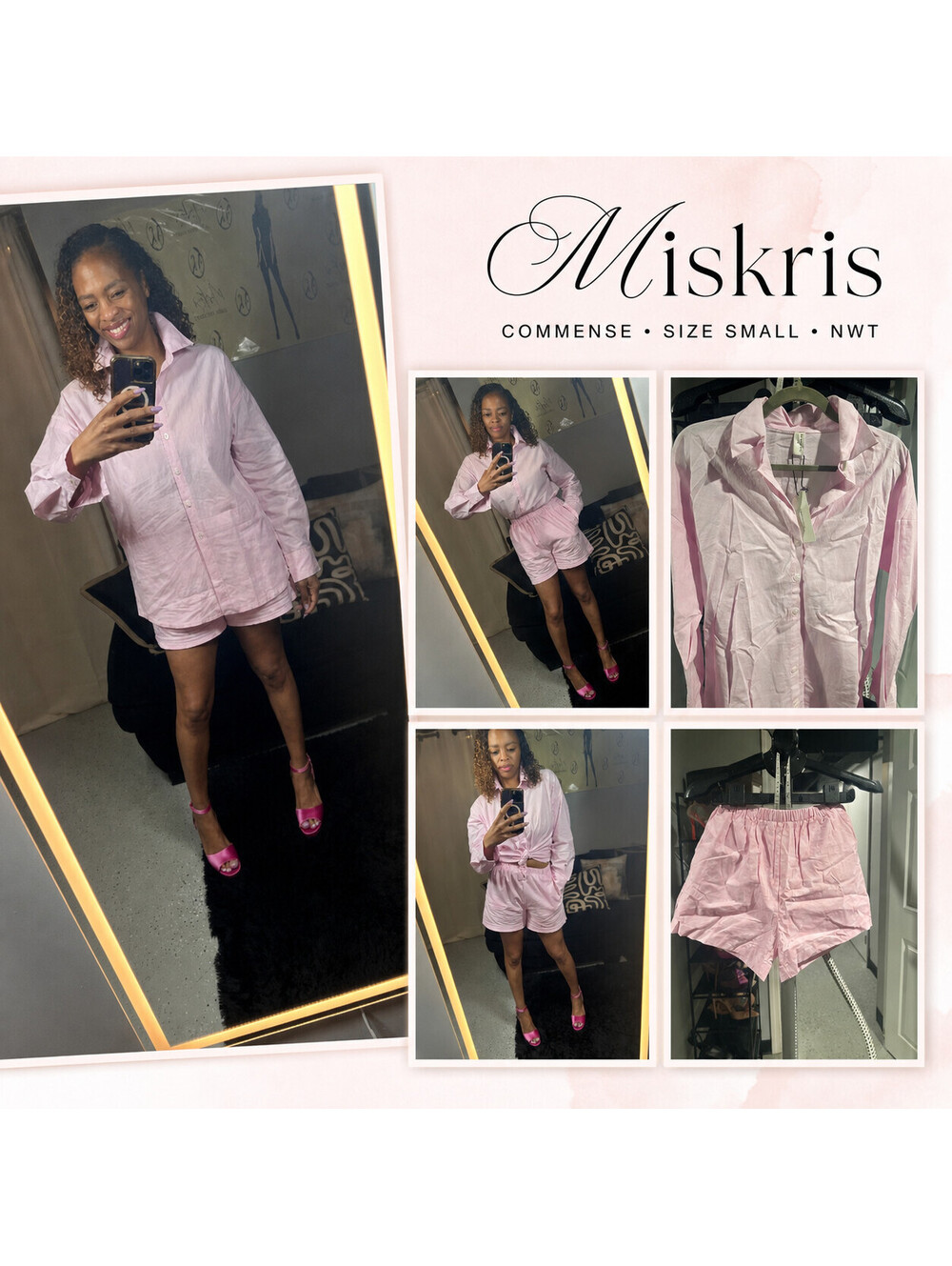 COMMENSE Pink Oversized Button Shirt Boxer Shorts Set Small NWT